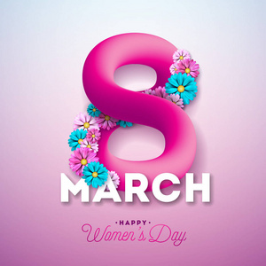 快乐妇女节贺卡设计。国际3月8日假日例证以闪亮的3d 八在粉红色背景。矢量模板