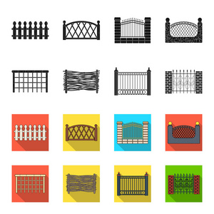 一块金属和砖块的栅栏, 木栅栏。不同的围栏集合图标在黑色, flet 风格矢量符号股票插画网站