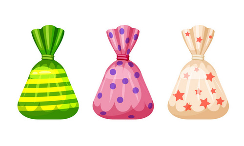 一组甜糖果, 包装不同颜色, 矢量.卡通风格插图, 孤立照片