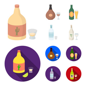龙舌兰酒白兰地啤酒伏特加酒精集合图标在卡通, 平面式矢量符号股票插画网站