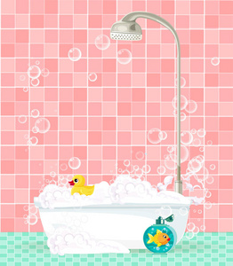 浴缸与泡沫, 肥皂泡沫, 橡胶鸭粉红色瓷砖 backg