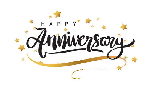 快乐周年纪念文字黑色文本横幅与金色的星星和丝带.