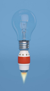 创意3d 插图火箭和灯泡在蓝色背景