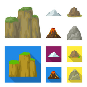 陡峭的悬崖, 喷发, 有海滩的高山, 冰川。不同山脉集合图标在卡通, 平面风格矢量符号股票插画网站