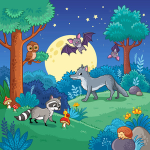 刺猬和蜗牛漫步在森林中的夜晚草地上的满月可爱的水彩与手绘动物