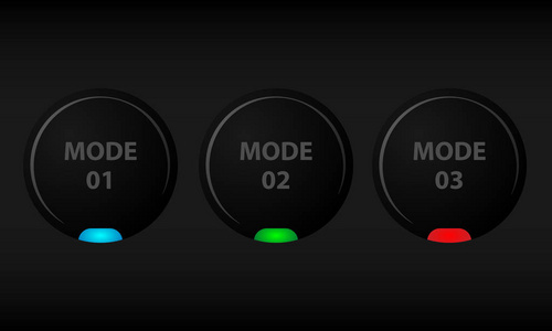 带有指示器的黑色按钮集。不同模式的颜色指示器的圆形按钮