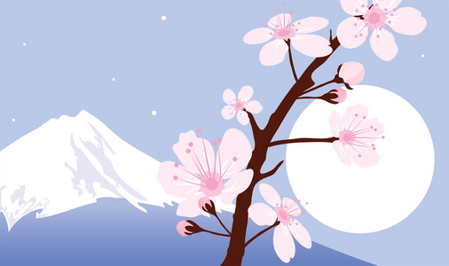 富士山月亮和樱花树枝的矢量