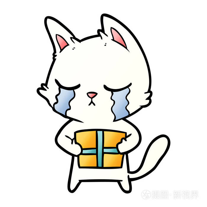 抱着圣诞礼物的卡通猫哭闹