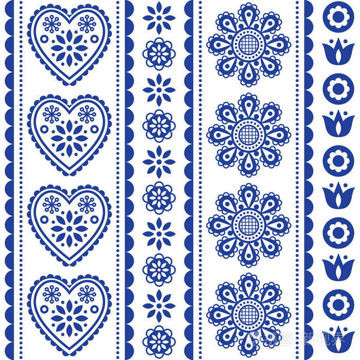 斯堪的纳维亚无缝民俗艺术矢量图案带花和心, 北欧饰品设计-长条纹