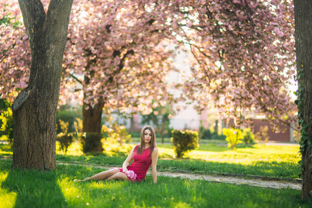 小女孩合影。粉红色的开花树木在背景中。春天。樱花