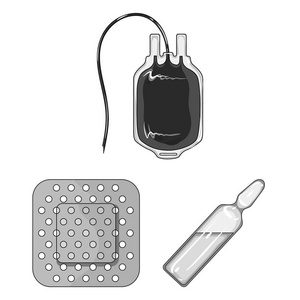 药物和治疗的单色图标集合中的设计。药品和设备矢量符号库存 web 插图