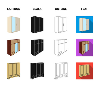 衣柜里有镜子, 衣柜, 搁着夹层。卧室家具集合图标在卡通, 黑色, 轮廓, 平面风格矢量符号股票插画网站