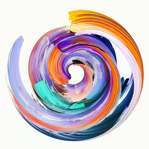 3d 渲染, 抽象圆刷笔触, 油漆飞溅, 彩色飞溅圆, 艺术生动的螺旋, 孤立的白色