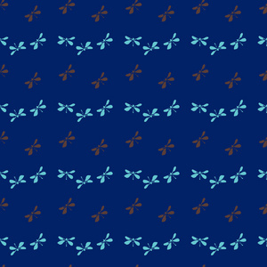 蓝色和褐色蜻蜓在深蓝色背景下的矢量无缝图案