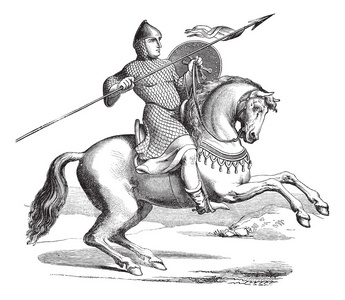 一匹马，戴着 hauberk 复古雕刻的骑士