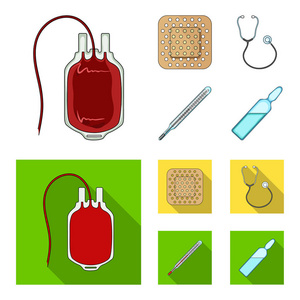 包有献血者血液和其他设备。医学集合图标在卡通, 平面式矢量符号股票插画网站