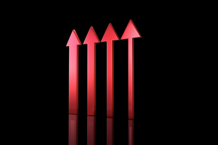 黄色的铲车,纸箱和红色箭头朝上.不断增长的消费需求.