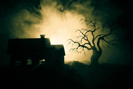 老房子与幽灵在晚上与幽灵树或遗弃闹鬼的恐怖屋在色调模糊的天空与光。老神秘建筑在死树森林。万圣节概念