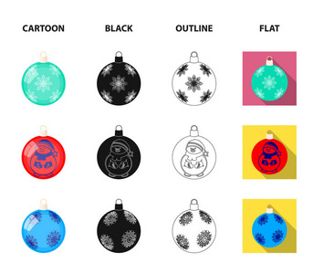 新年玩具卡通, 黑色, 轮廓, 平面图标集集合为设计。圣诞球 treevector 符号股票网页插图