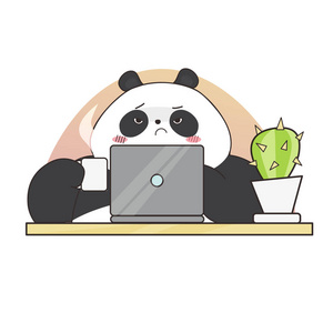 可爱的熊猫角色在工作。矢量插图