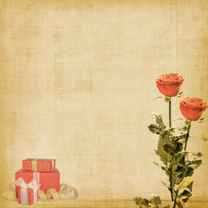 祝贺玫瑰和礼物的复古明信片