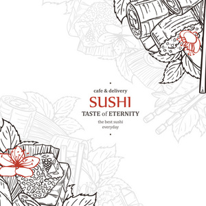 涂鸦寿司餐厅菜单设计模板。刻亚洲食品框架