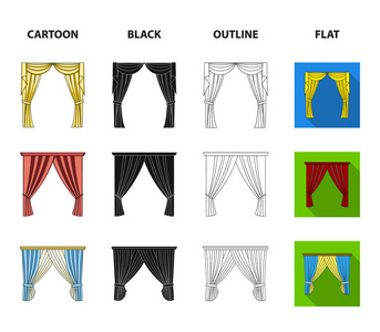 不同类型的窗帘。窗帘集合图标在卡通, 黑色, 轮廓, 平面风格矢量符号股票插画网站