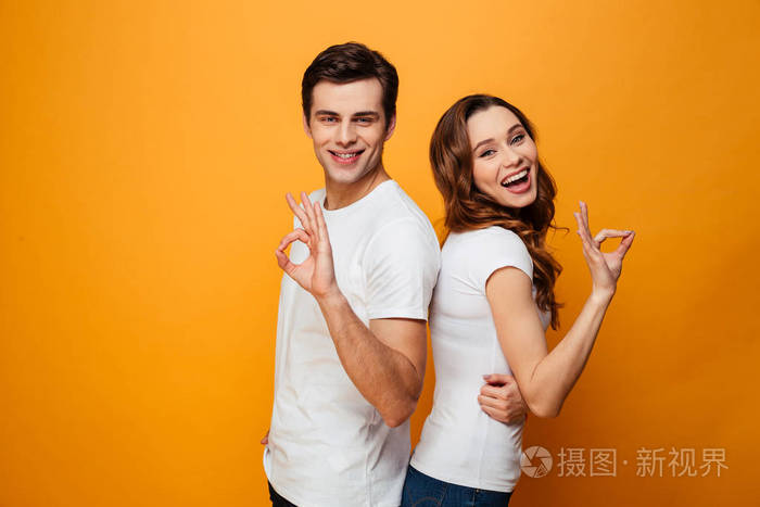 微笑的年轻夫妇的肖像显示ok手势