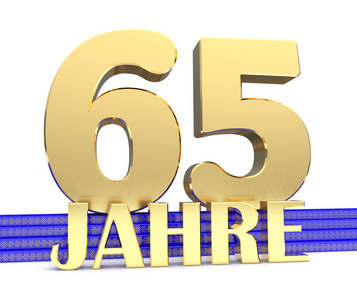 金黄数字六十五和题字岁月在蓝色台阶以金黄标志无尽的结。翻译从德国年。3d 插图