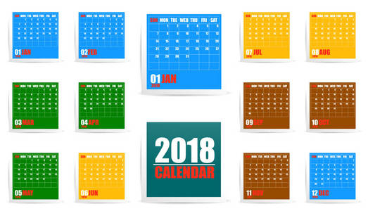 五颜六色的年日历2018在框架与阴影。星期从星期日开始。矢量