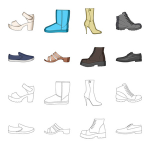 一组在各种鞋上的图标。不同的鞋单图标卡通, 轮廓风格矢量网络符号股票插图