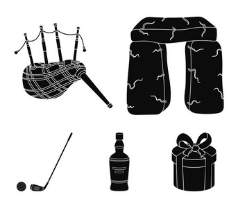 石头纪念碑, 风笛, 威士忌, 高尔夫球。苏格兰国家集在黑色风格矢量符号股票插图网站的集合图标