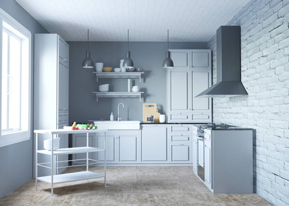 3d. 新现代厨房内饰的白色和 gre 渲染