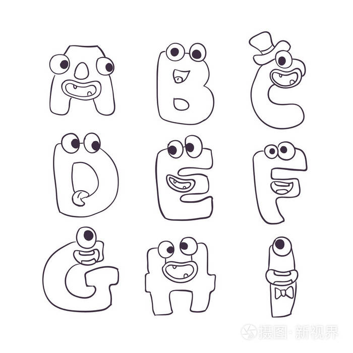 可爱的怪物涂鸦字母 abc