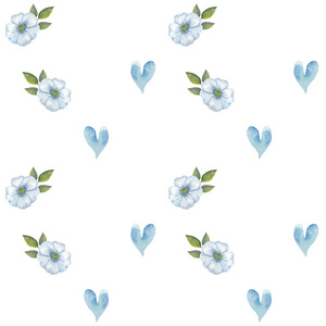 水彩蓝色的花朵, 叶子和五颜六色的心。抽象水彩手绘无缝图案与心, 花白色背景上的墙纸, 纺织品, 卡片, 包装纸, 背景
