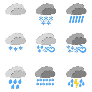 9天气图标集。白色背景下的网络天气标签。卡通矢量插图