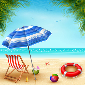 这是夏季时间横幅与椅子条纹, 雨伞, 和救生圈在一个阳光明媚的夏天背景