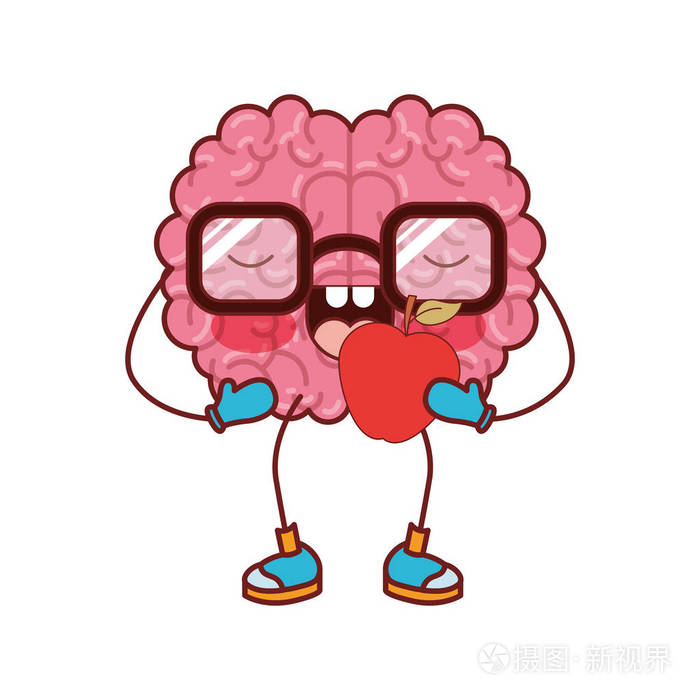 脑卡通与眼镜和吃苹果在彩色剪影棕色轮廓