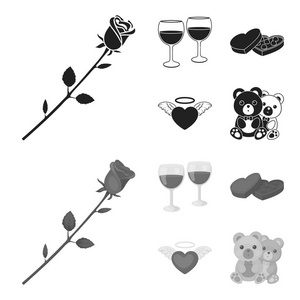 酒杯, 巧克力心, 熊, 情人节。Romantik 集合图标在黑色, monochrom 风格矢量符号股票插画网站