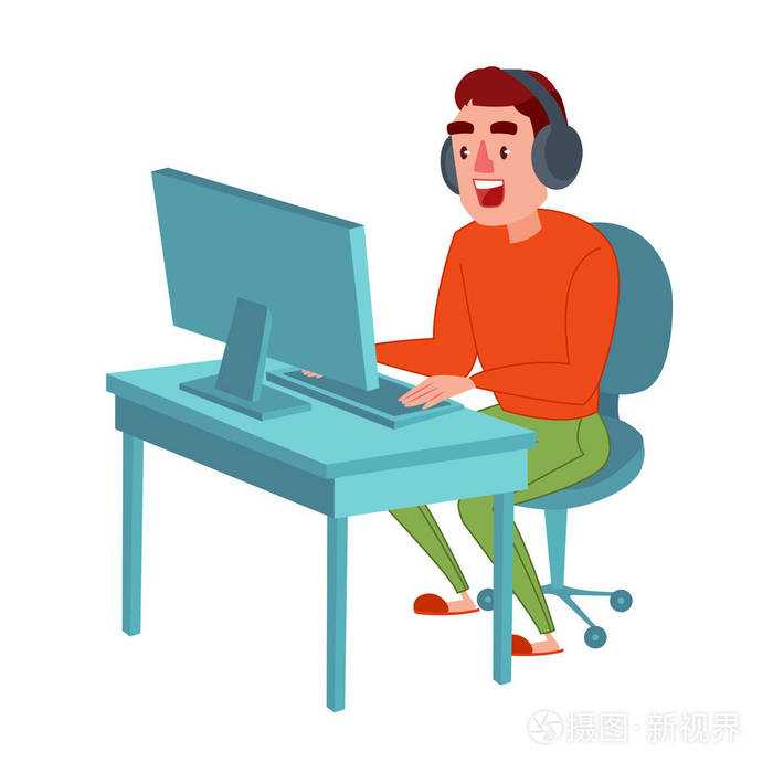 快乐的年轻人用耳机玩电脑游戏男玩家在线流矢量插图