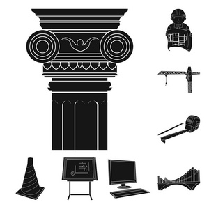 建筑和建筑中的黑色图标集设计。建筑师和设备矢量符号股票网页插图