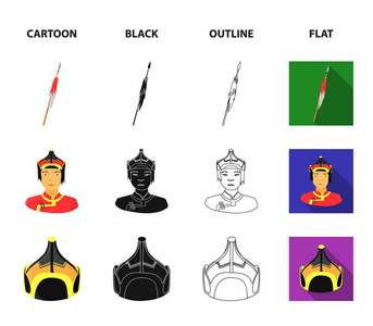 军事矛, 蒙古勇士, 头盔, 建筑。蒙古集合图标在卡通, 黑色, 轮廓, 平面风格矢量符号股票插画网站