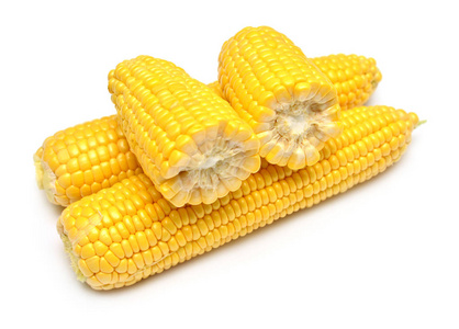 玉米是一个孤立的白色背景。平躺，顶视图