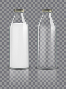 玻璃传统瓶样机空和与牛奶。乳制品包装以透明的背景隔离。健康饮料玻璃瓶和牛奶饮料。矢量插图