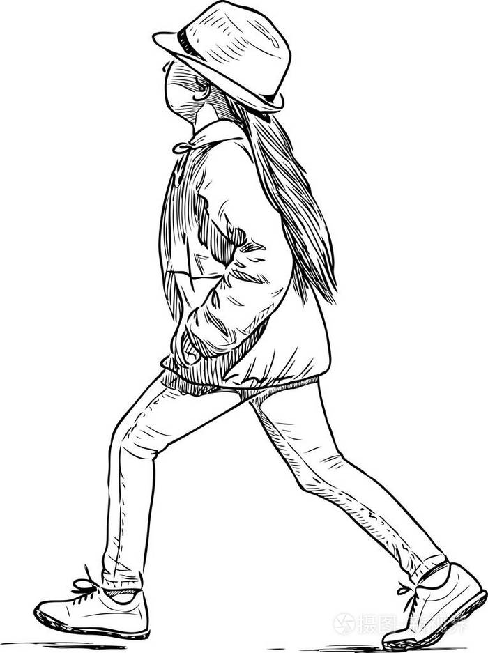 一个戴着帽子的小女孩大步向前插画-正版商用图片040rlv-摄图新视界