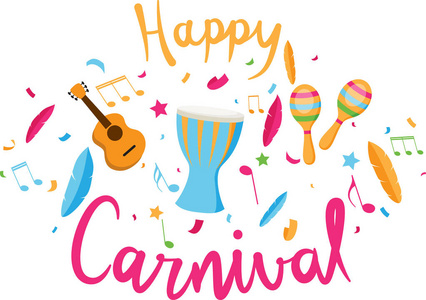 非洲鼓海报快乐狂欢节海报与笔记, 羽毛, 吉他, 星, 葫芦并且 djembe