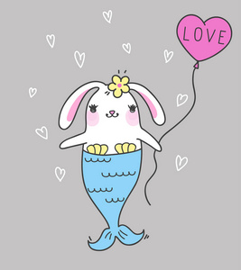 可爱的卡通兔子美人鱼。滑稽的兔子美人鱼