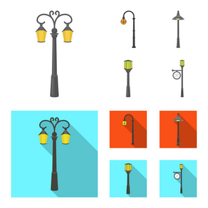 路灯在复古风格, 现代灯笼, 火炬和其他类型的路灯。灯柱集合图标在卡通, 平面风格矢量符号股票插画网站