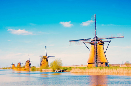 与风车在荷兰风车村，迷人的风景