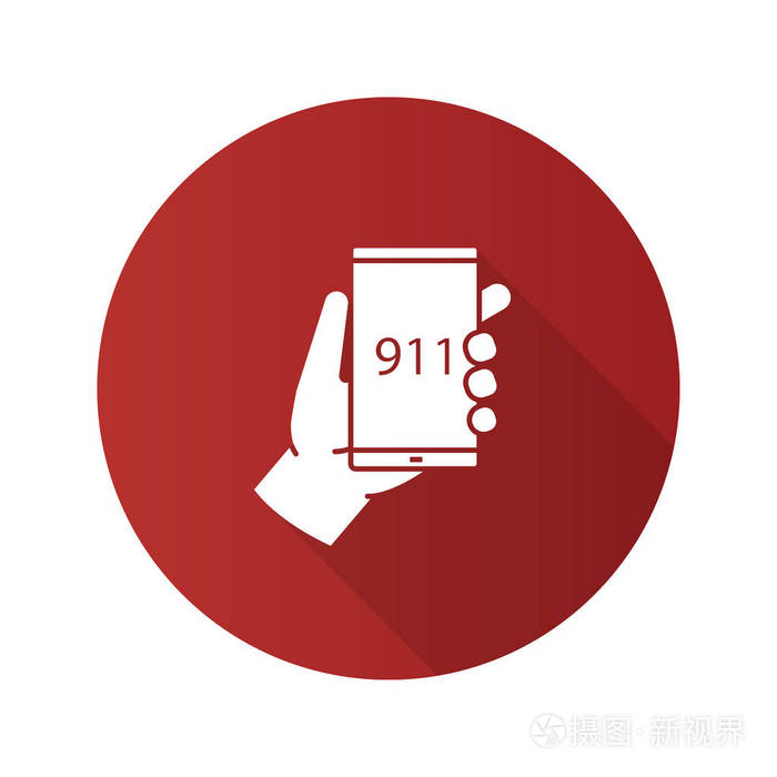 紧急呼叫平面设计长阴影字形图标手持智能手机911号码矢量剪影图